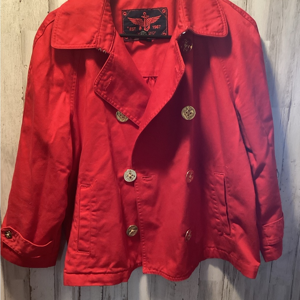 Ralph Lauren Red Pea Coat with Wide Collar